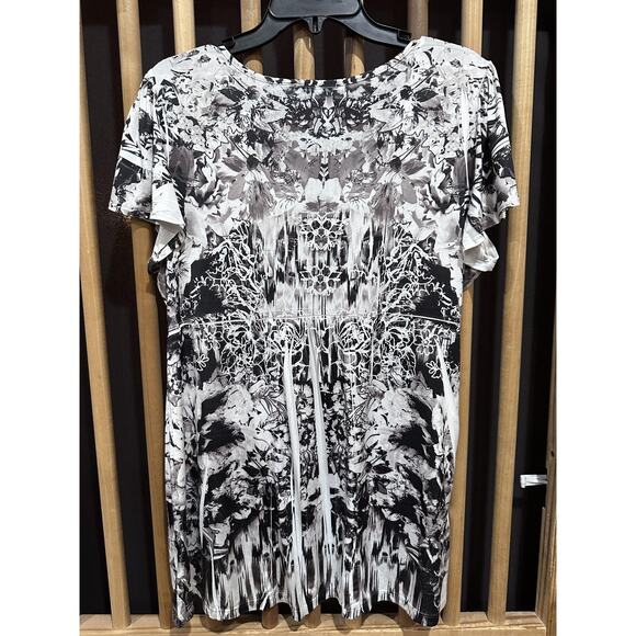 Apt 9 Shirt Women 1X Black White Brown Embellished Short Sleeve Stretch Print - Picture 2 of 7
